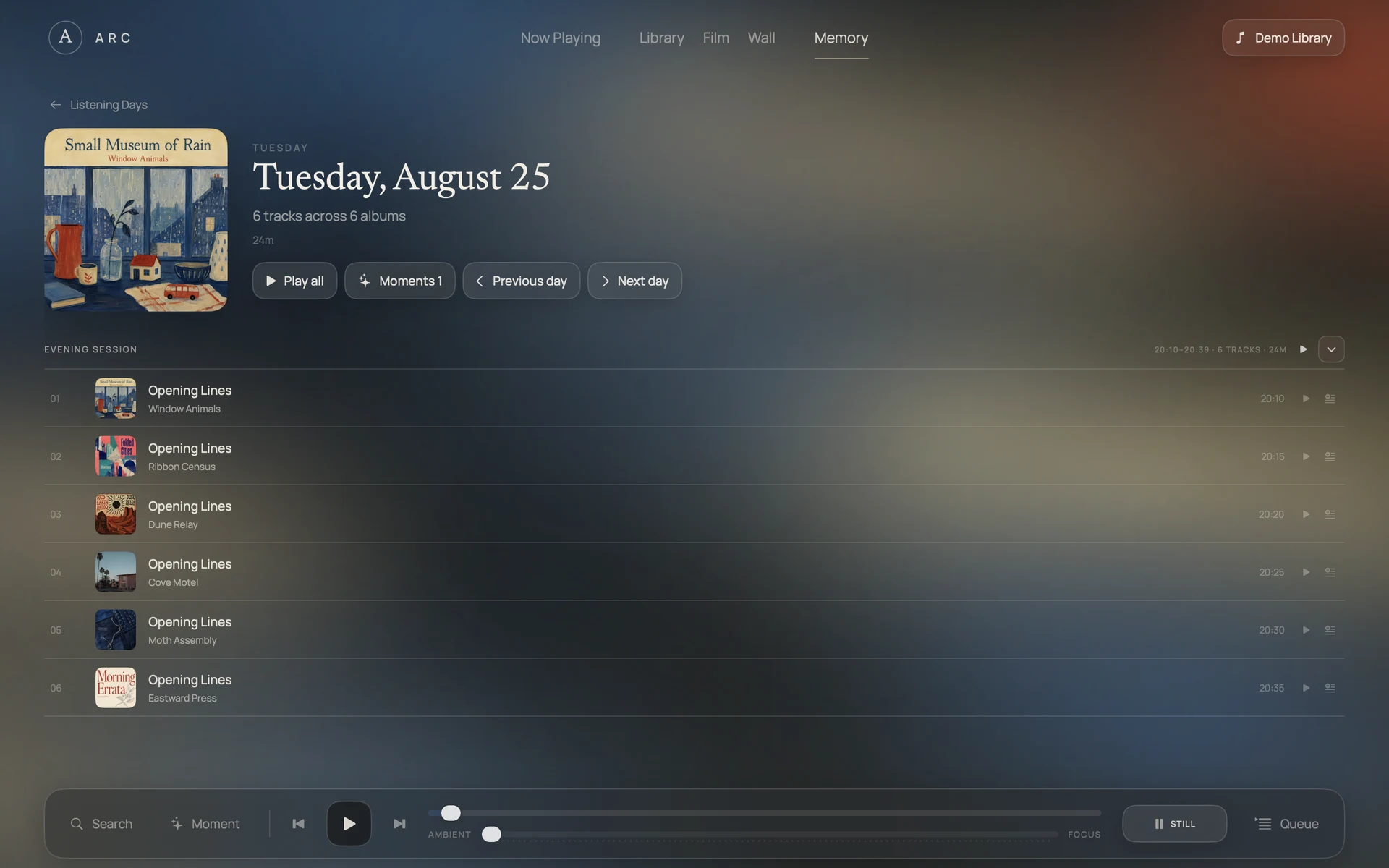 ARC Listening Day with a dated track timeline